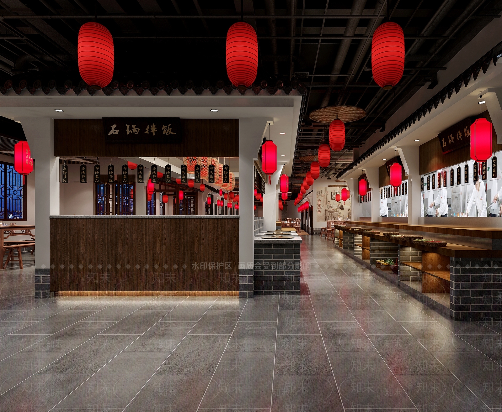 新中式餐厅灯笼餐桌后厨3D模型下载【ID:332671491】