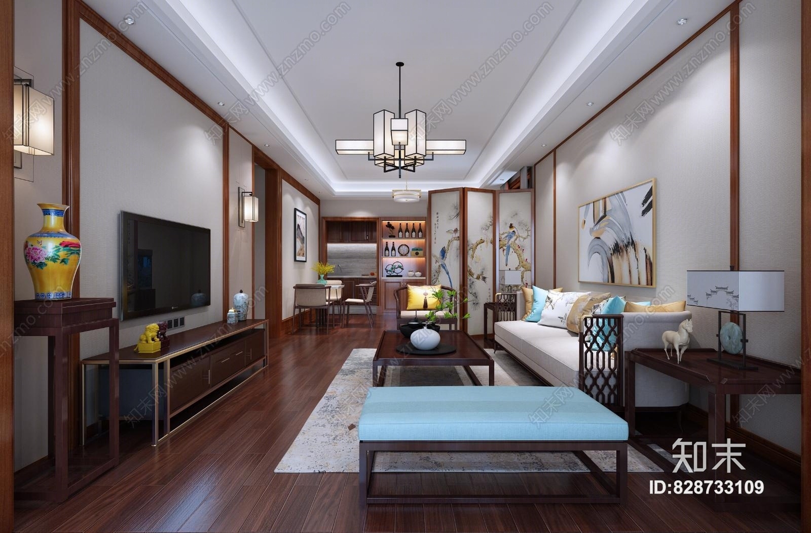 新中式客餐厅阳台.沙发.电视柜.装饰品3D模型下载【ID:828733109】