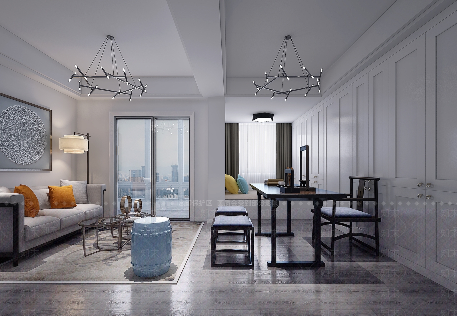 现代极简书房书桌沙发地毯吊灯3D模型下载【ID:532770601】