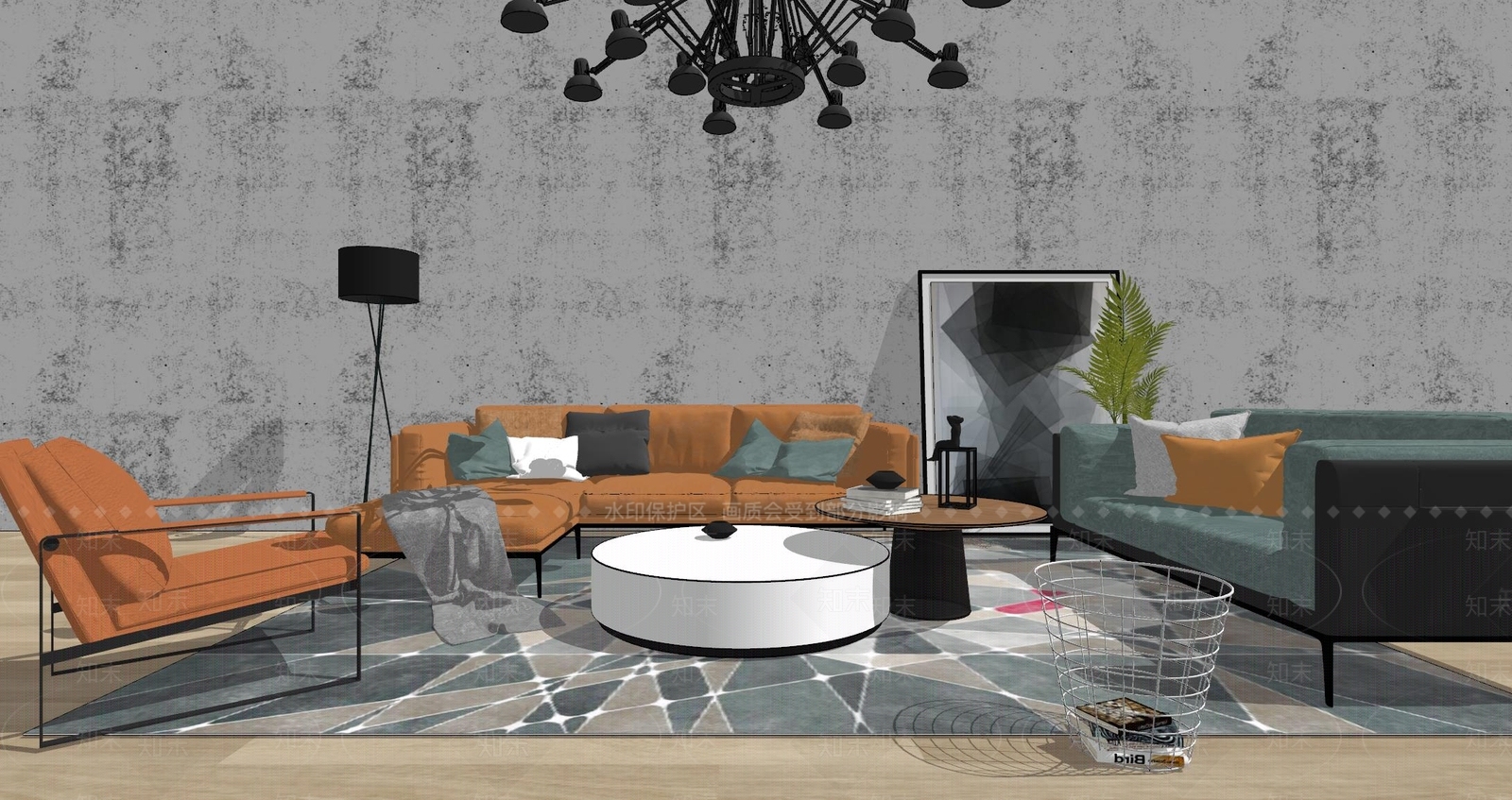 现代北欧工业风组合皮沙发抱枕客厅家居物品SU模型下载【ID:932699888】