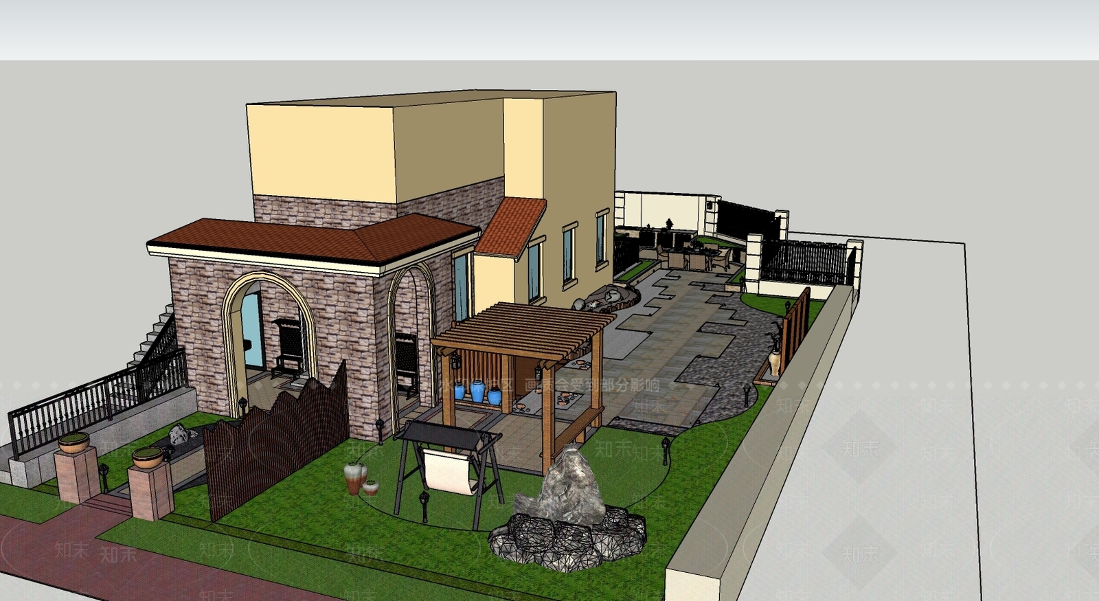 别墅花园、廊架、秋千、木桩、栏杆景石SU模型下载【ID:533110933】