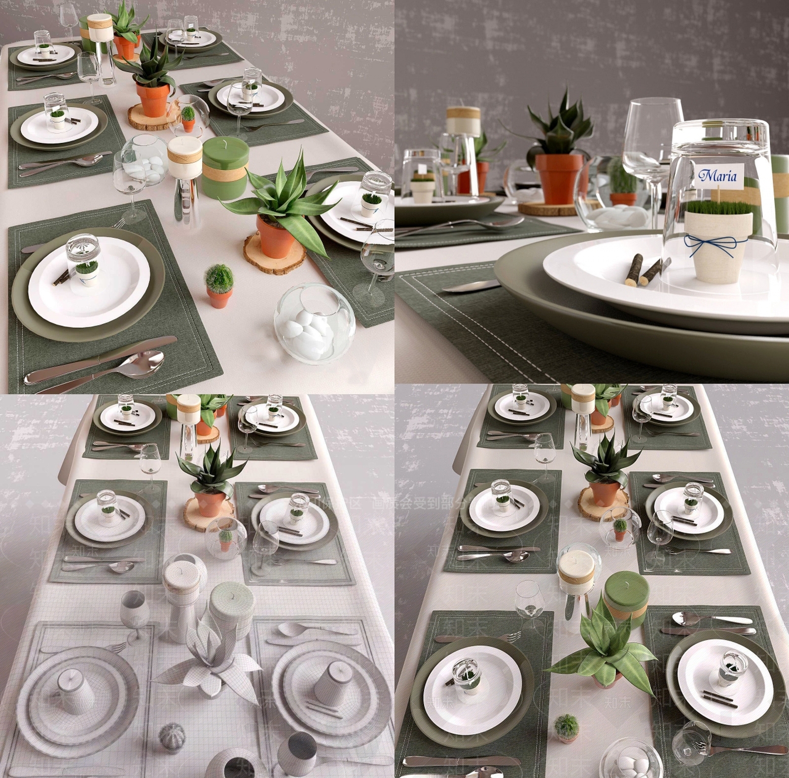 现代餐具餐桌桌布组合3D模型下载【ID:933278334】