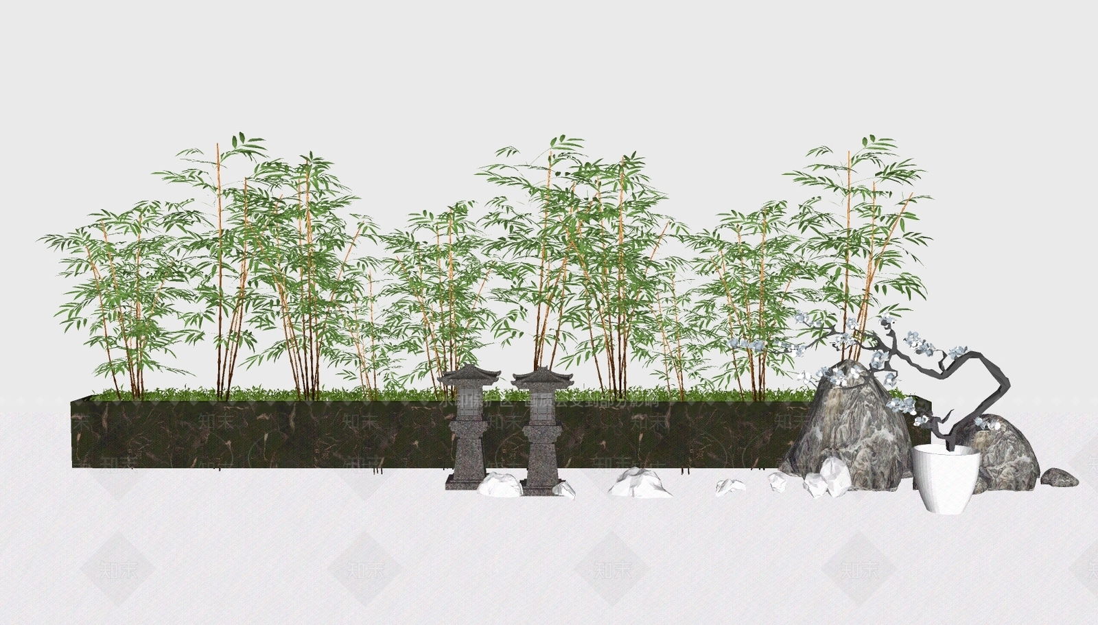 现代富贵竹子假山植物盆栽小品组合SU模型下载【ID:133743709】