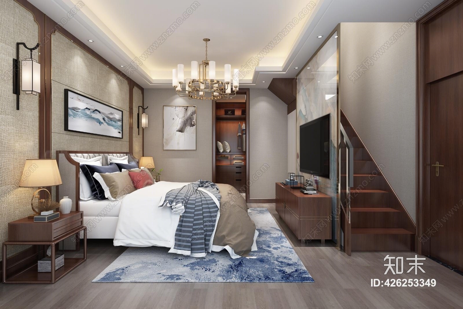 新中式卧室电视柜衣柜3D模型下载【ID:426253349】