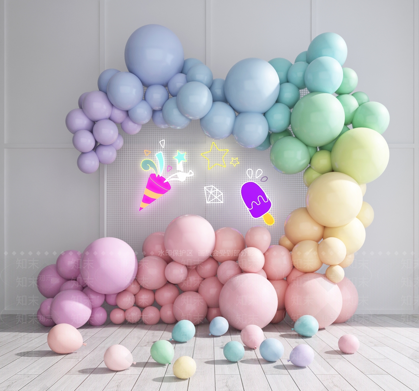 现代气球美陈网红装饰ins彩虹气球霓虹灯装饰气球婚礼气球婚礼装饰婚庆3D模型下载【ID:932360129】