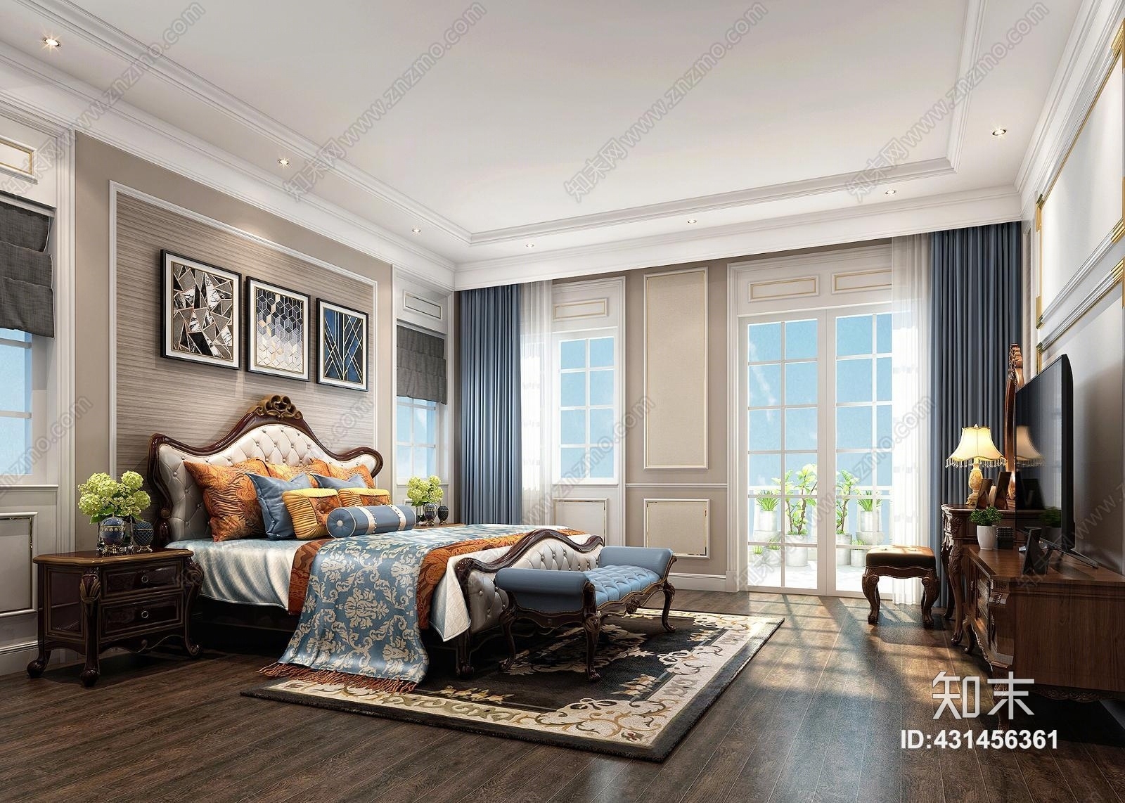 欧式卧室电视柜饰品组合3D模型下载【ID:431456361】