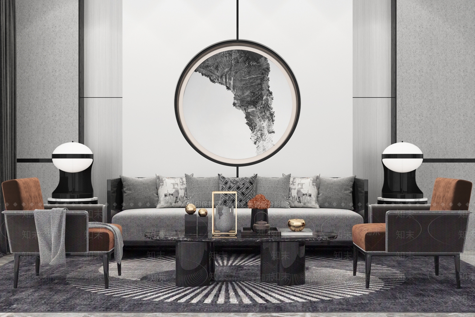 新中式客厅沙发茶几组合3D模型下载【ID:335305377】