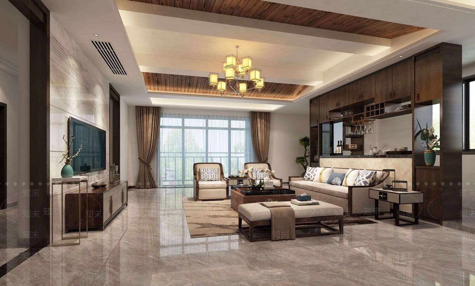 新中式客厅沙发吊灯台灯窗帘柜子摆件电视柜边几3D模型下载【ID:732460727】