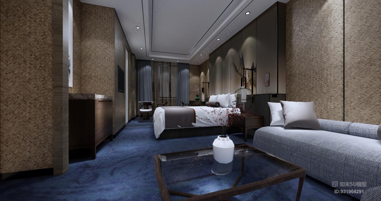 中式酒店客房整体模型带EN灯光材质SU模型下载【ID:931964291】