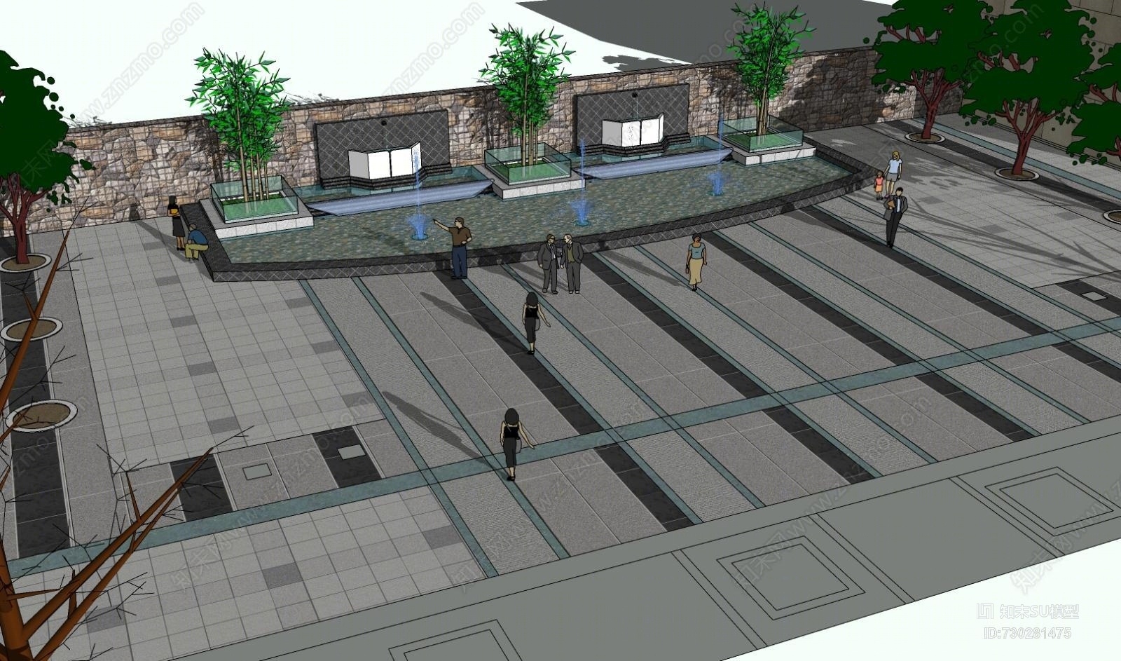 欧式风格水池水景SU模型下载【ID:730281475】