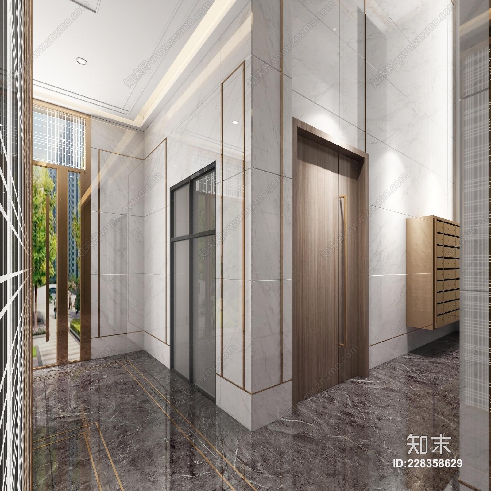 现代轻奢公共区域电梯厅走道入户空间样板房3D模型下载【ID:228358629】