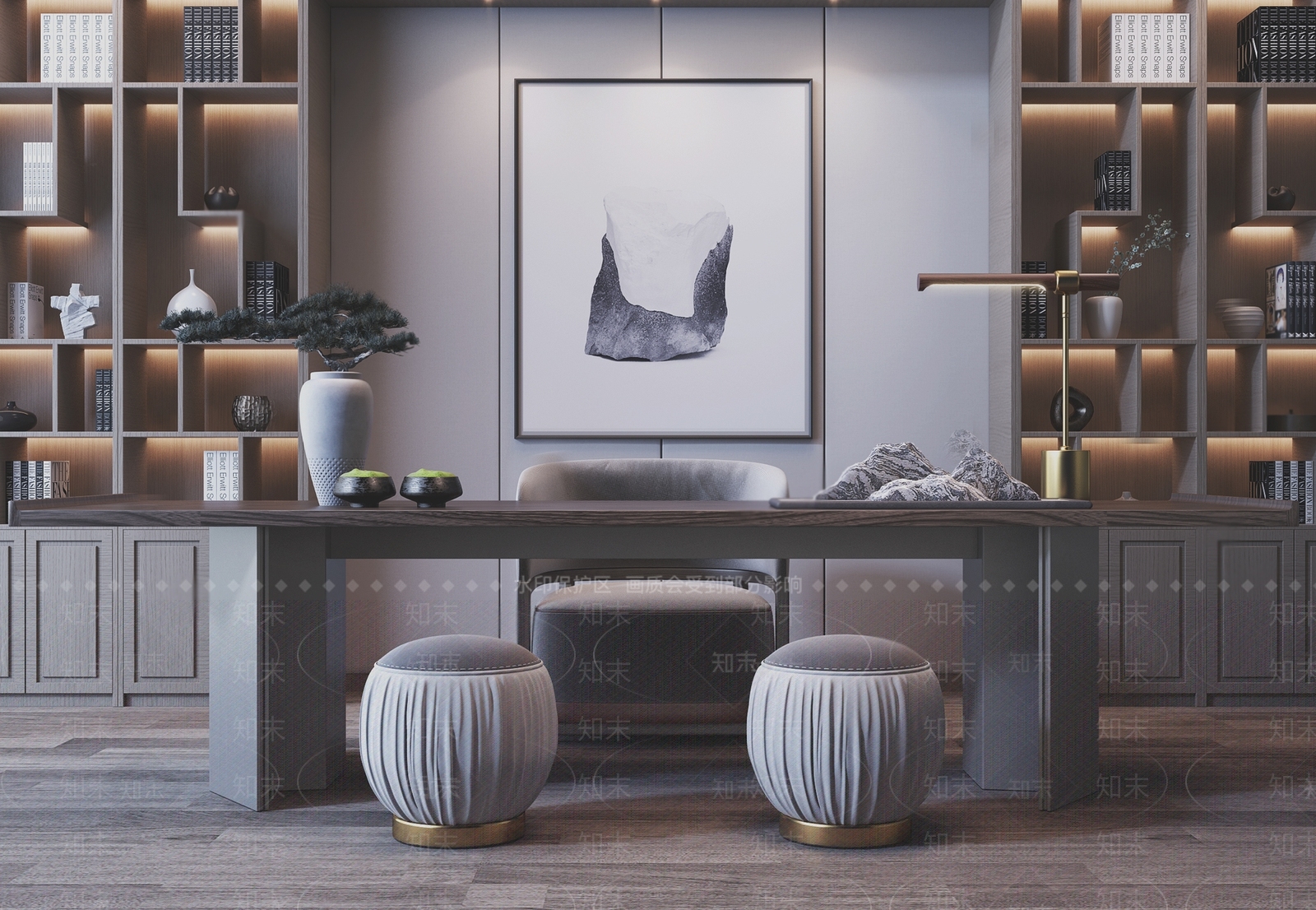 新中式现代中式书房书桌书柜组合3D模型下载【ID:532372642】