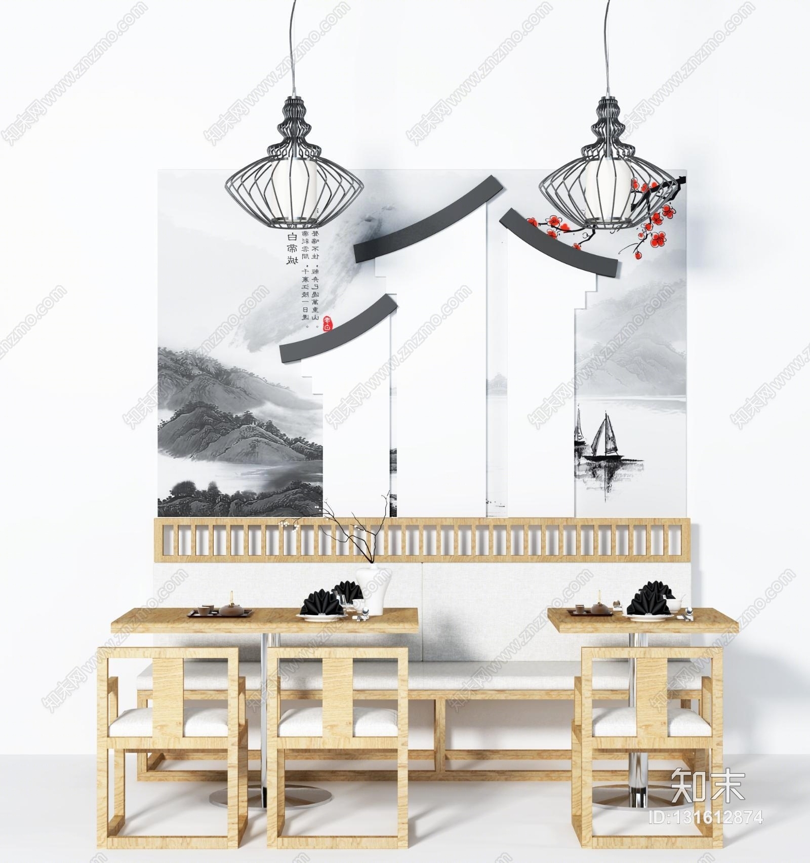 新中式水墨风卡座吊灯3D模型下载【ID:131612874】