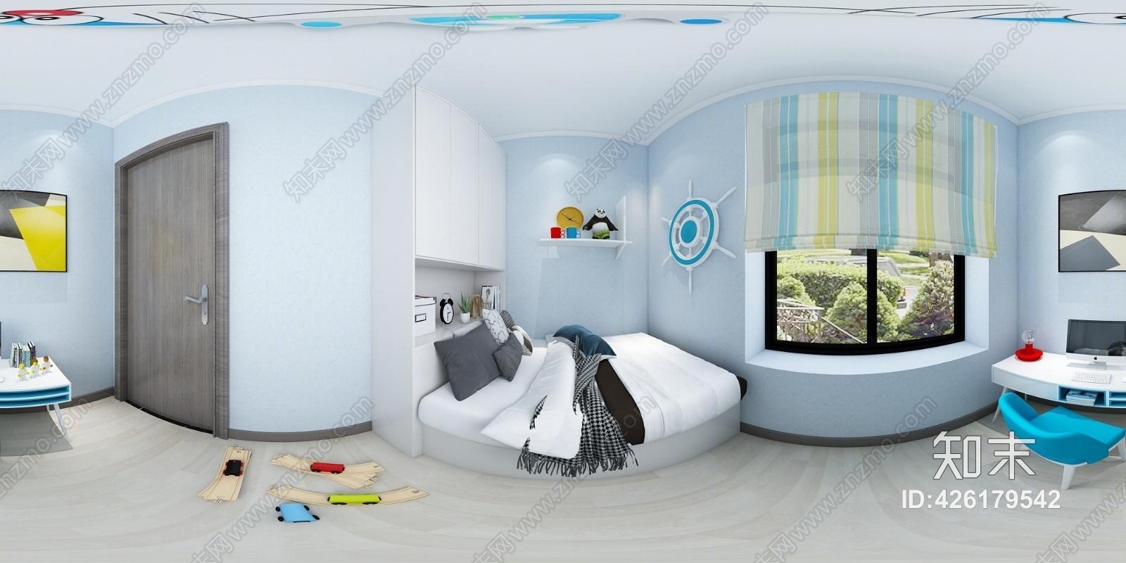 地中海儿童房榻榻米床衣柜书桌挂画窗帘3D模型下载【ID:426179542】