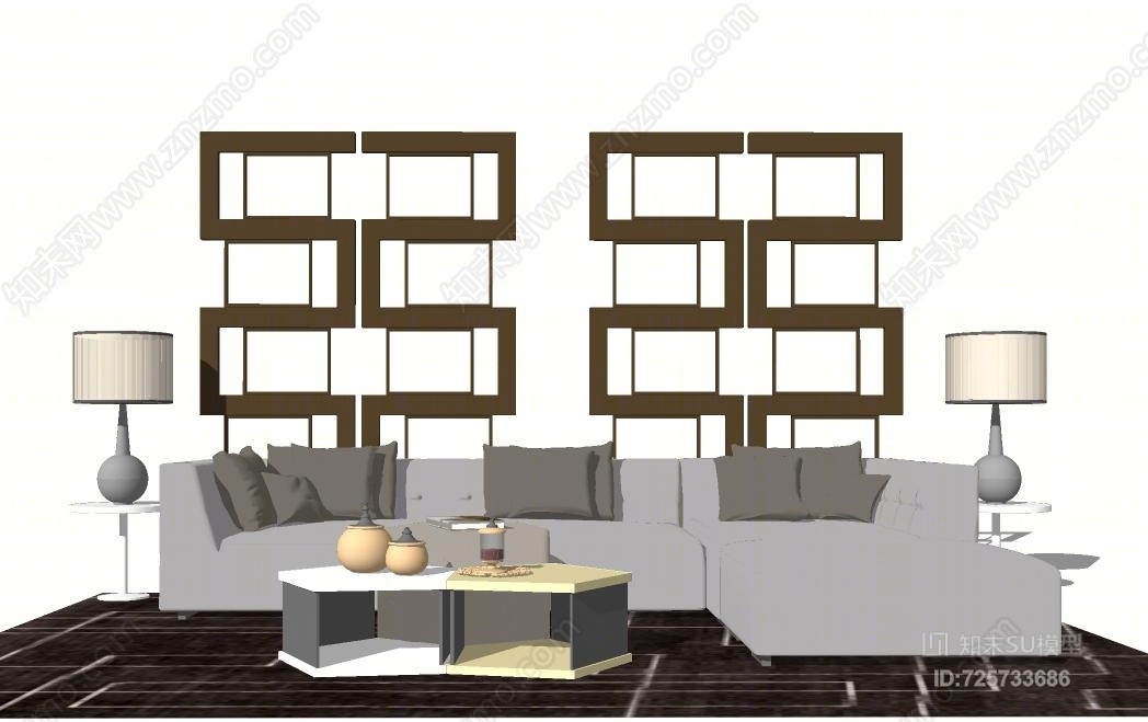 沙发茶几地毯挂画吊灯组合SU模型下载【ID:725733686】