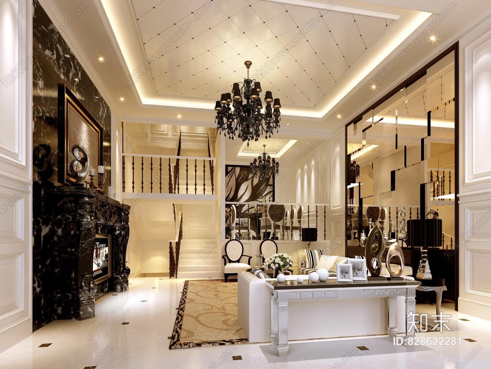 欧式古典复式客厅3D模型下载【ID:828622281】