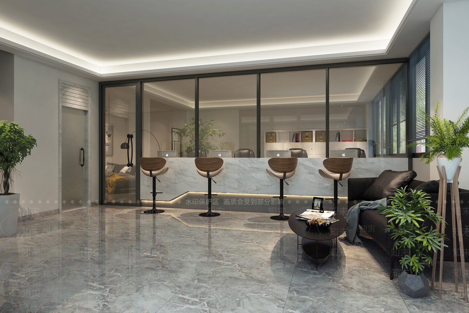 现代公司前台接待室洽谈室吧椅沙发茶几北欧植物3D模型下载【ID:732459763】