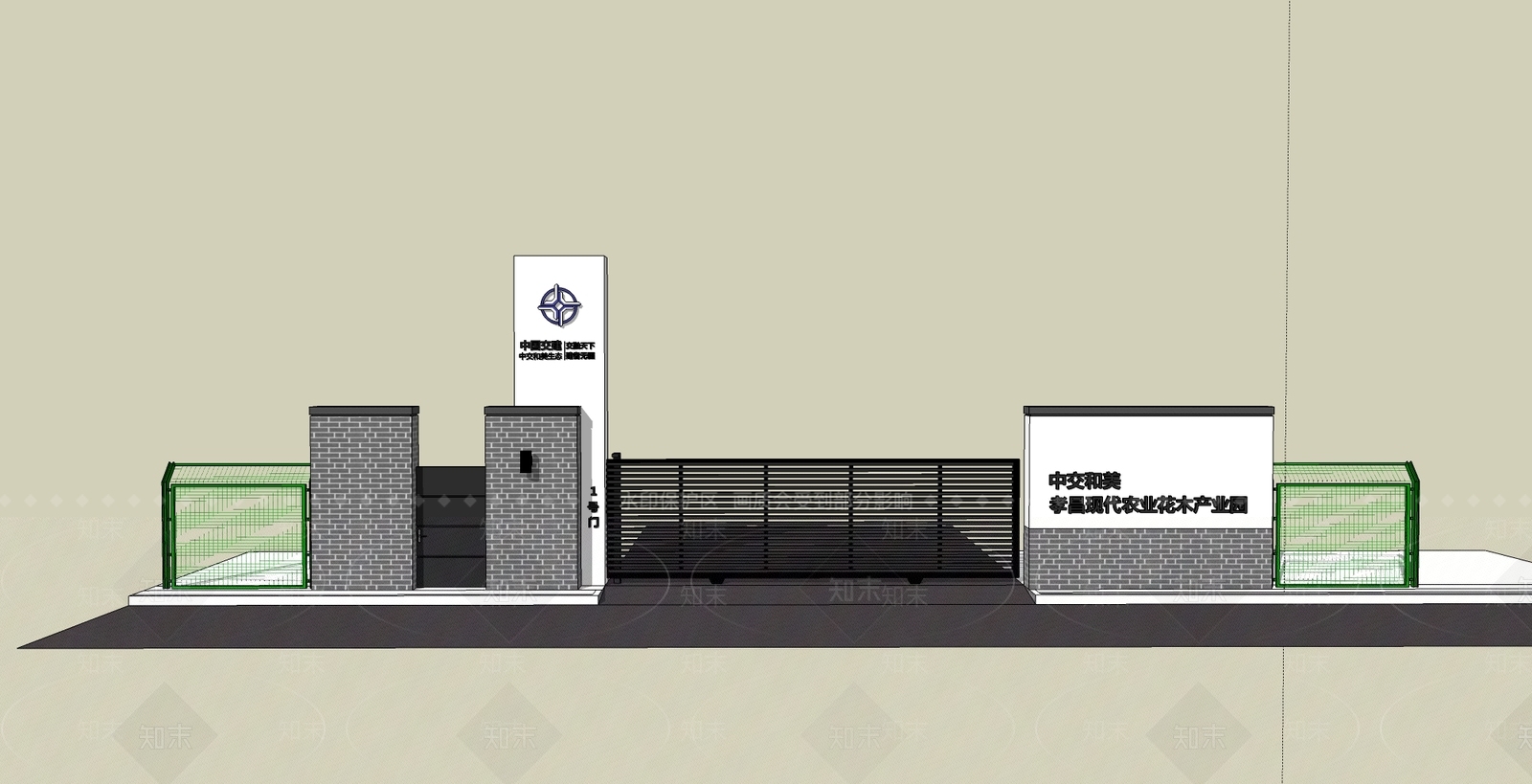 新中式铁艺大门入口+围墙SU模型下载【ID:933117141】