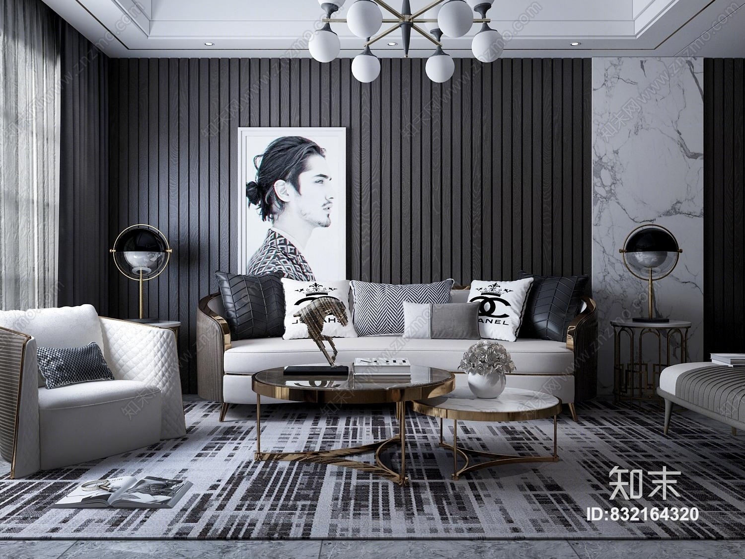 现代奢华客厅沙发茶几台灯吊灯地毯3D模型下载【ID:832164320】