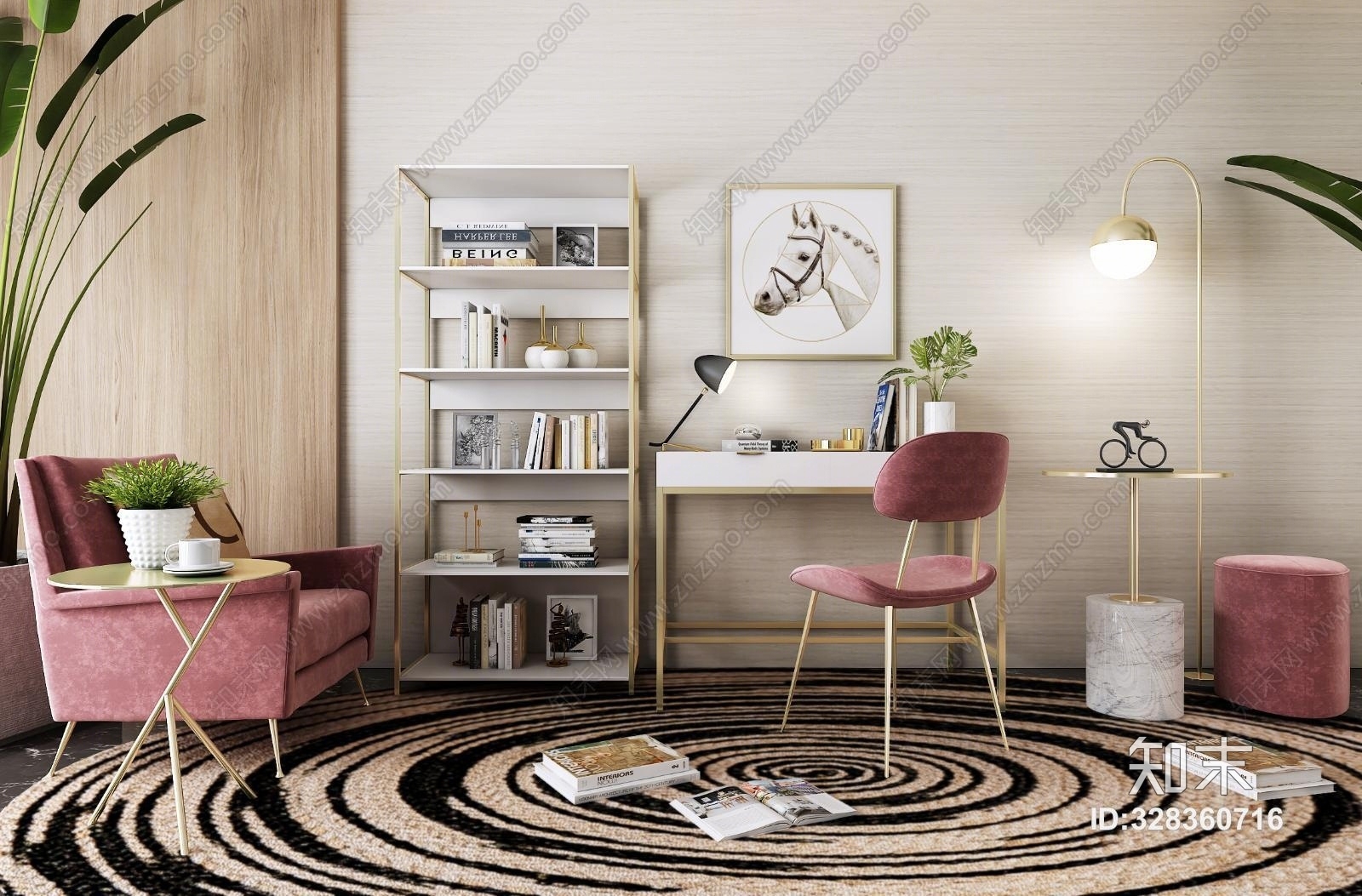 现代书架书桌单人椅休闲踏边几落地灯3D模型下载【ID:328360716】