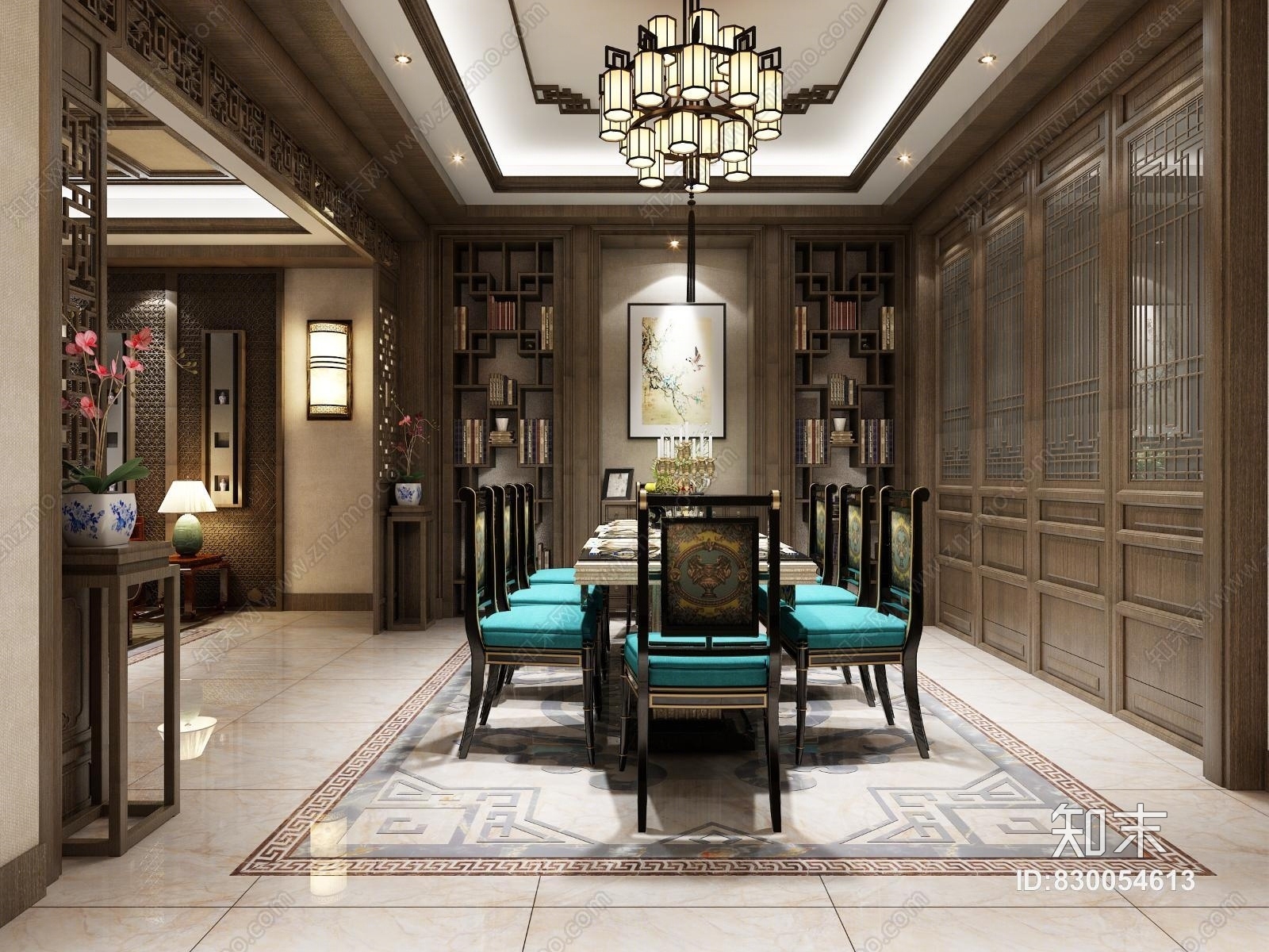 中式古典餐厅中式餐桌椅3D模型下载【ID:830054613】