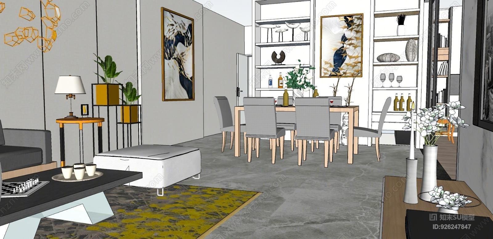 现代餐厅客厅厨房卧室卫生间沙发餐桌室外SU模型下载【ID:926247847】