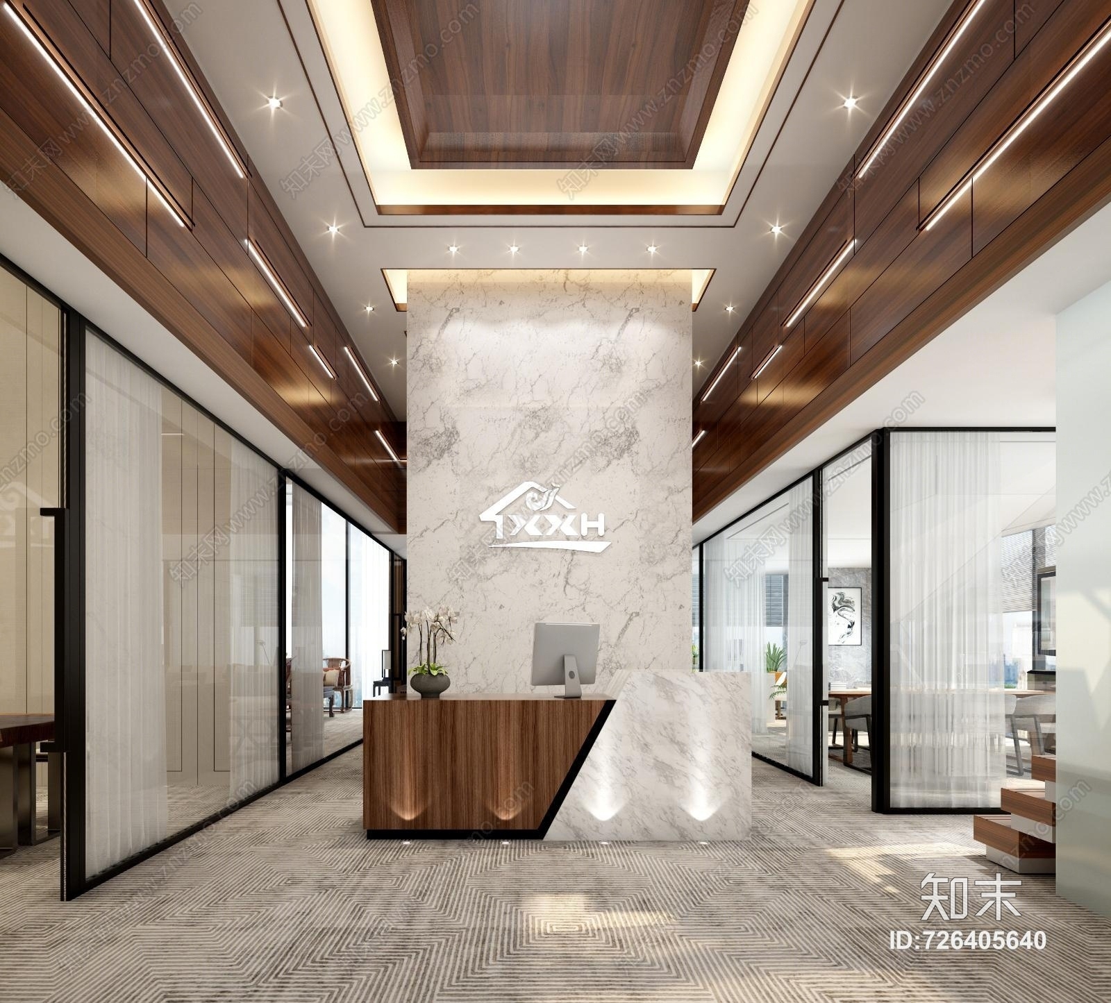 现代家装公司前台接待区楼梯间总经理办公室3D模型下载【ID:726405640】