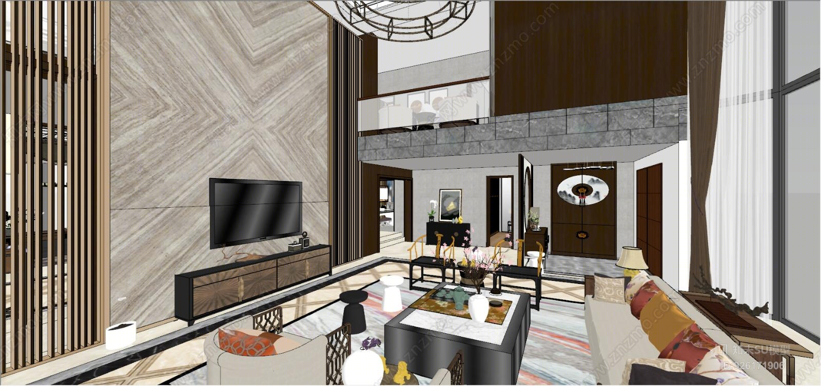 新中式别墅精装客厅餐厅卧室室内模型SU模型下载【ID:926171906】