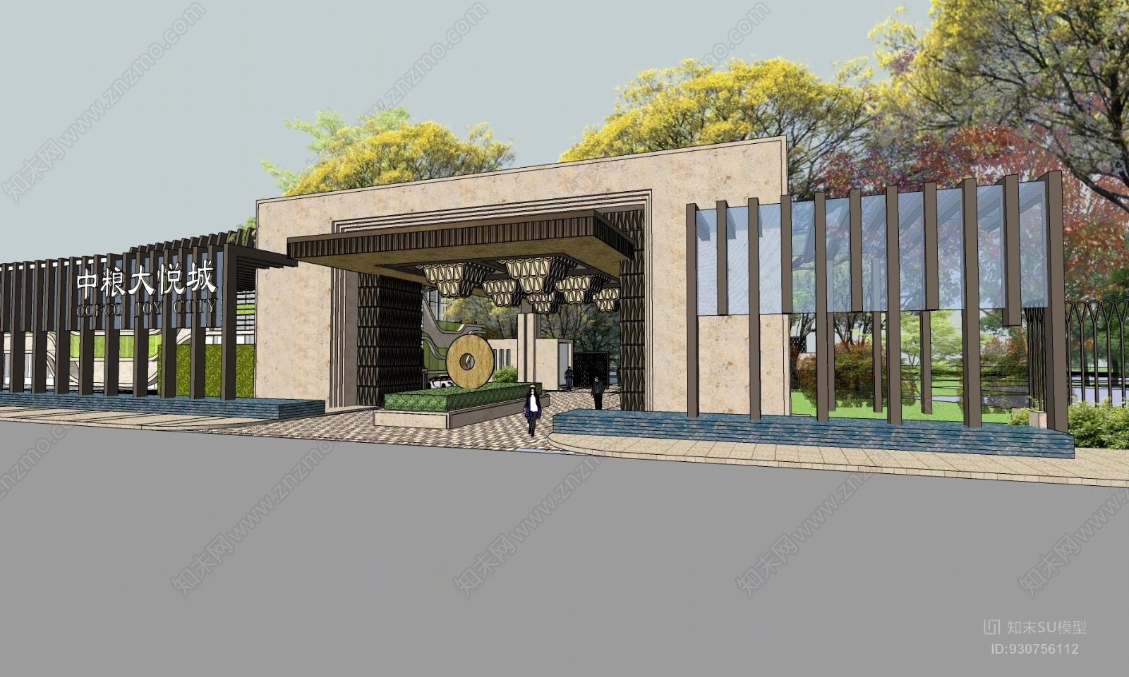 新中式景观大门,楼盘小区SU模型下载【ID:930756112】