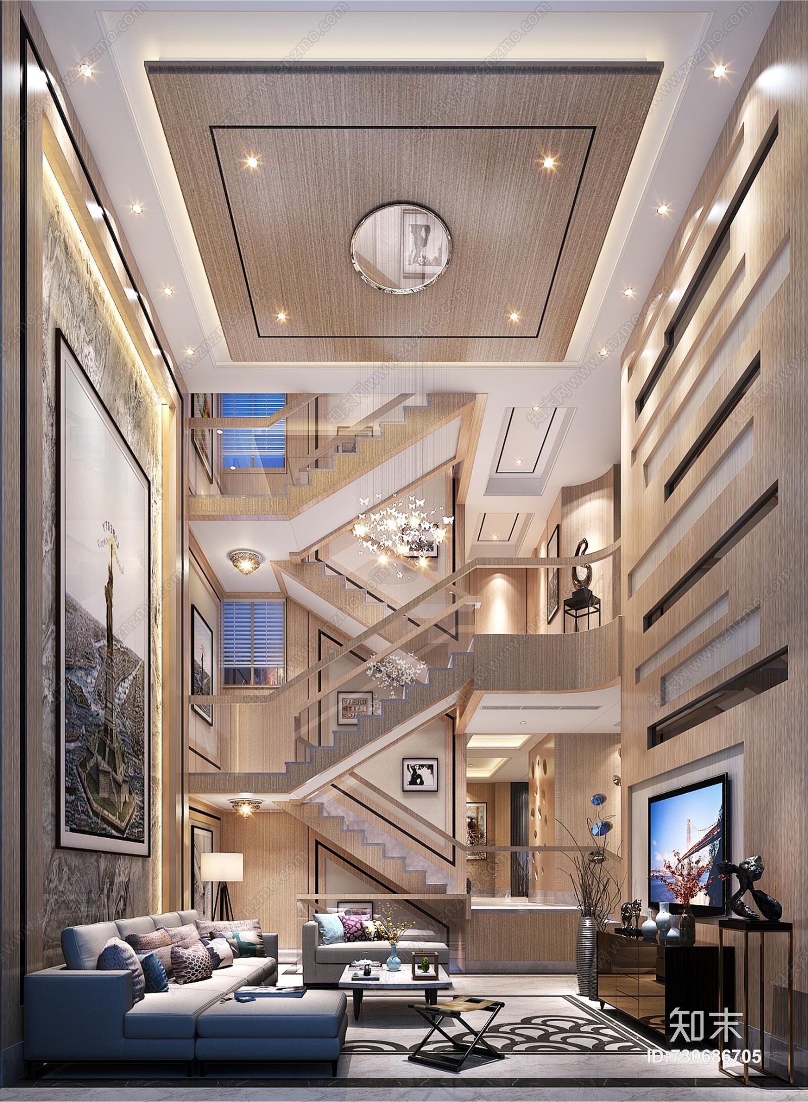 新中式复式客厅3d模型下载【id:730686705】