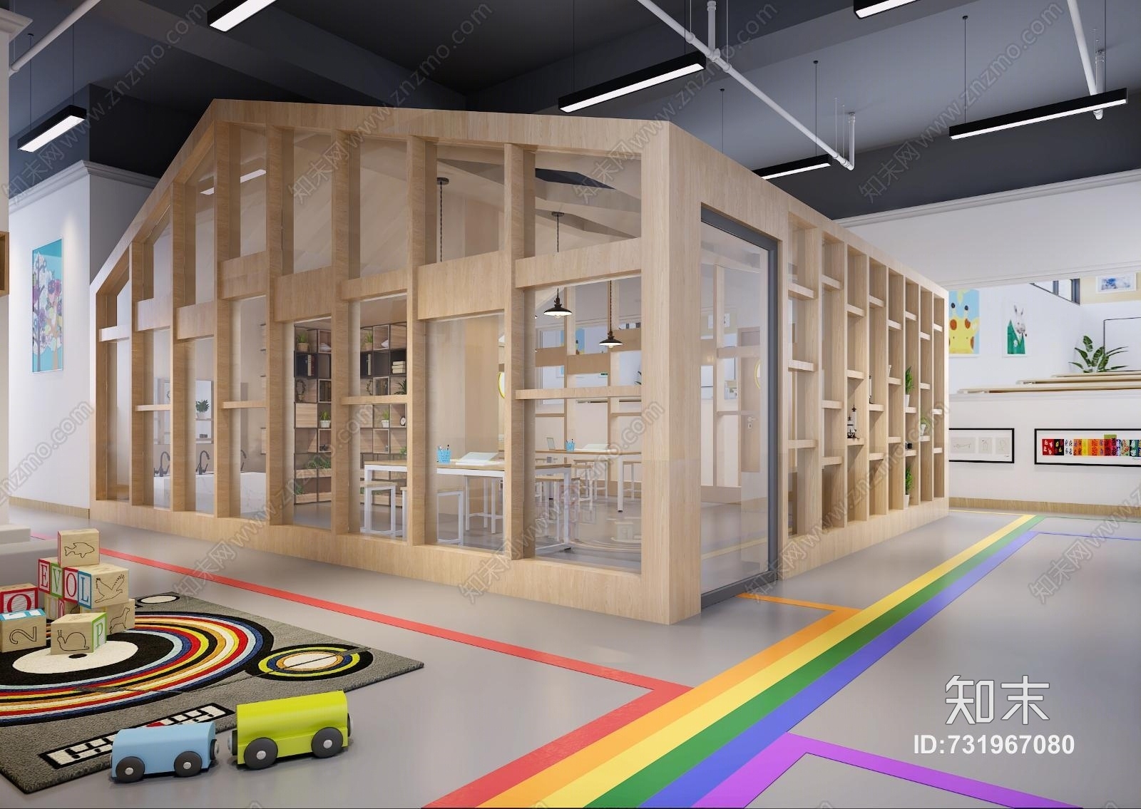 现代幼儿园教室美术室大厅走道小木屋3D模型下载【ID:731967080】