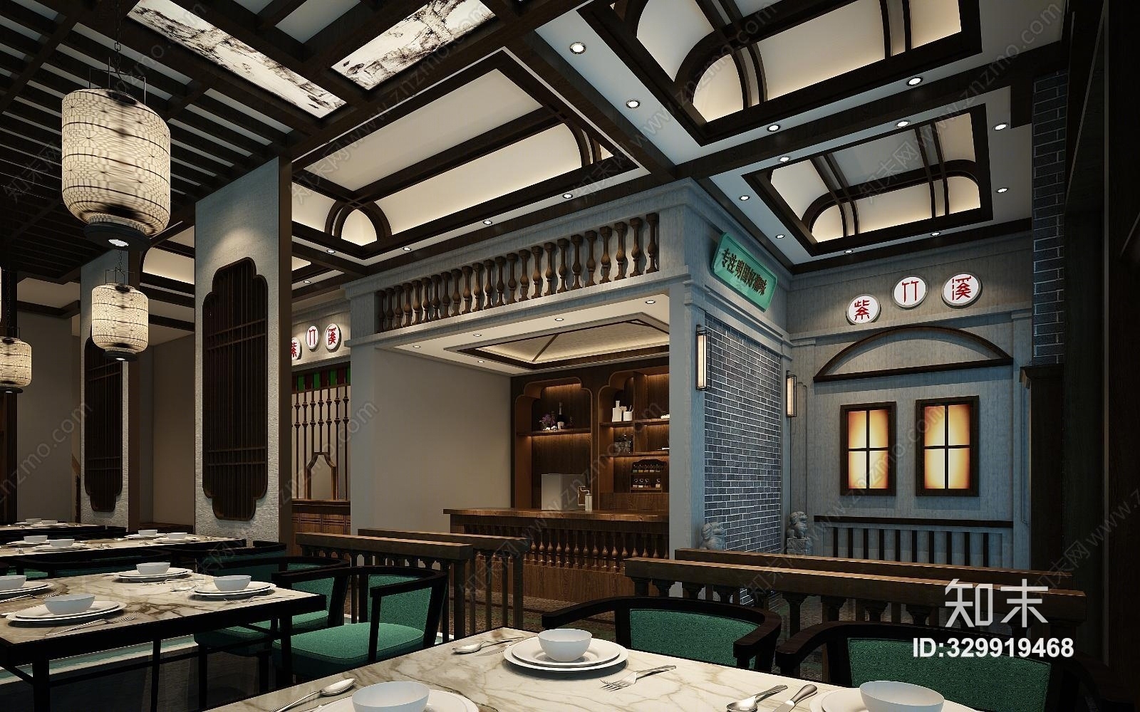 中式餐厅餐桌餐椅3D模型下载【ID:329919468】