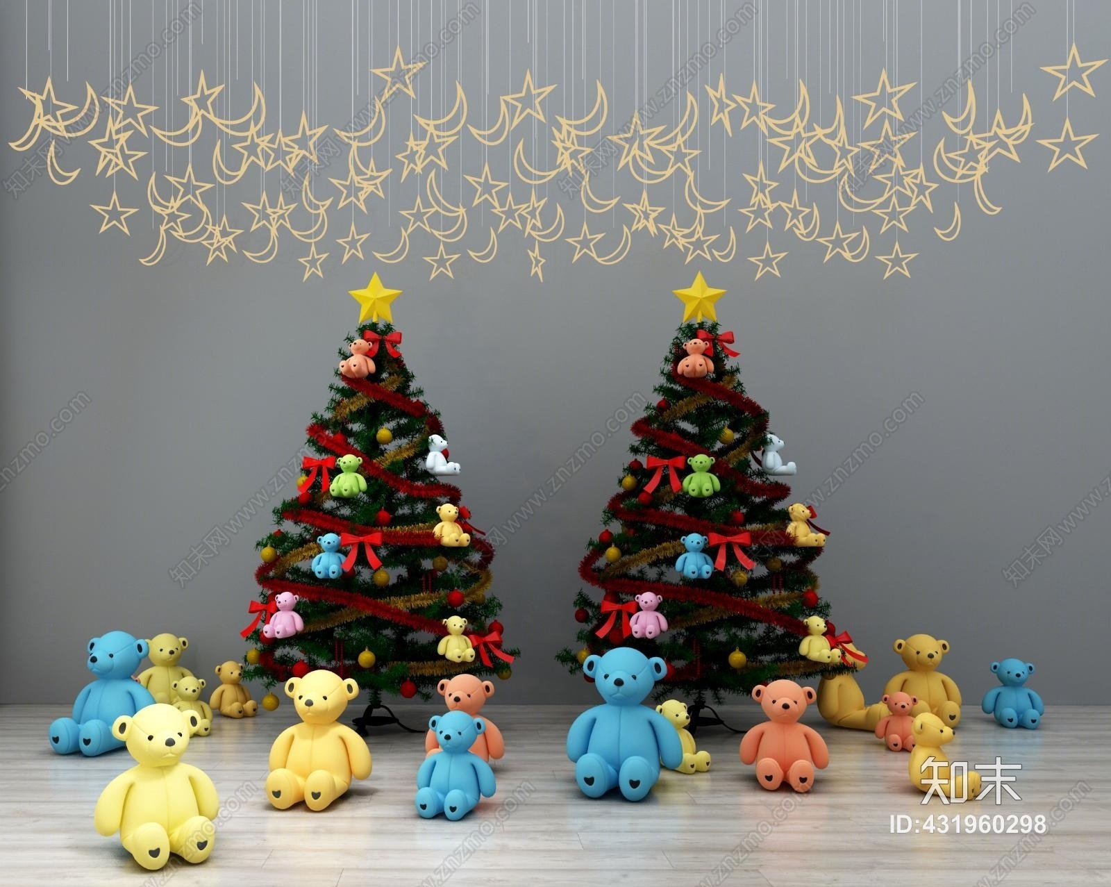 现代圣诞树装饰小熊玩具摆件装饰星星吊灯组合3D模型下载【ID:431960298】