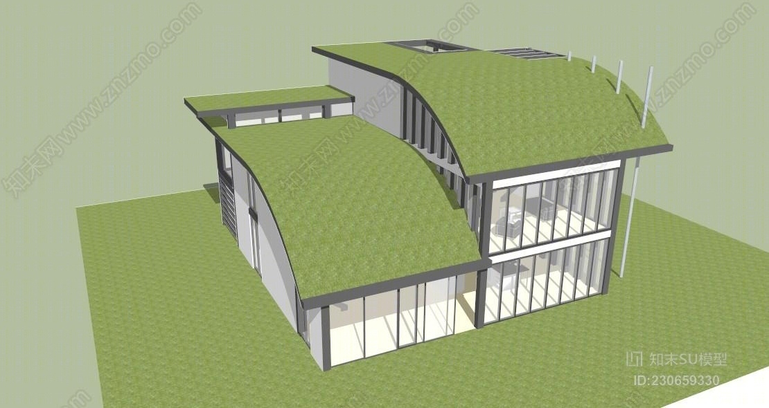 现代风格别墅绿色屋顶含室内家具SU模型下载【ID:230659330】