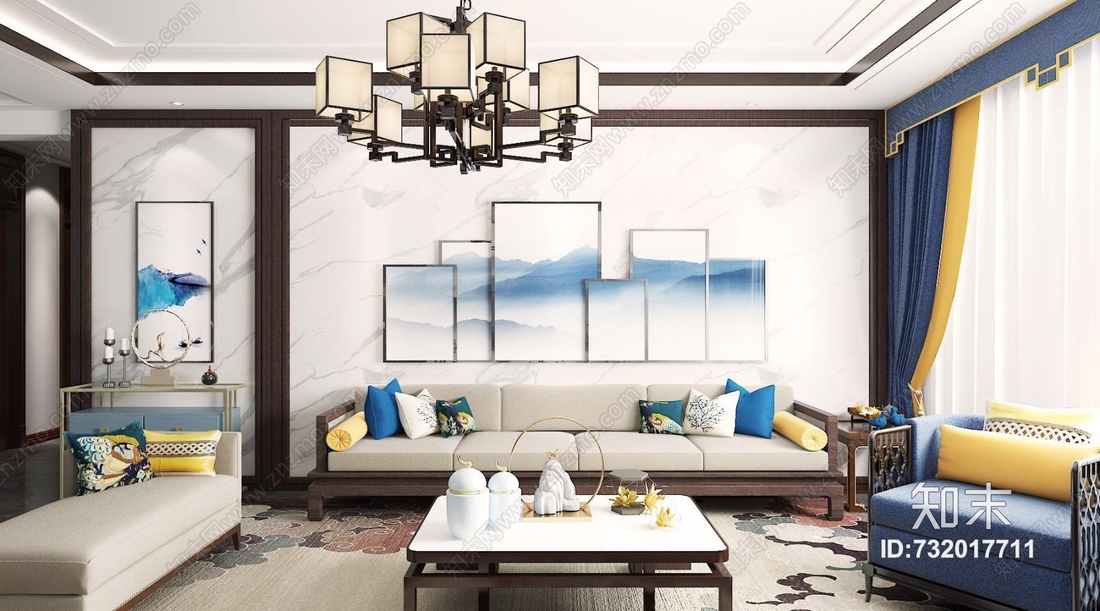 新中式客厅沙发茶几窗帘组合3D模型下载【ID:732017711】
