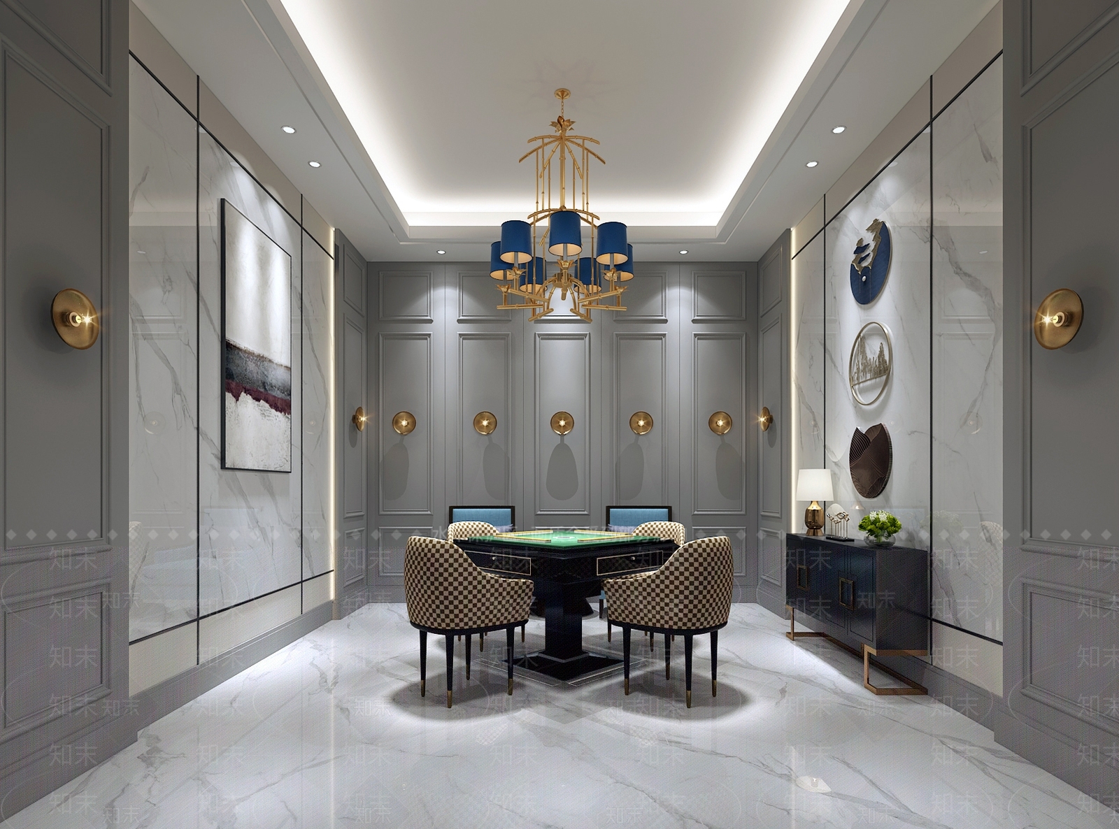 中式麻将房棋牌室麻将桌椅3D模型下载【ID:932488068】