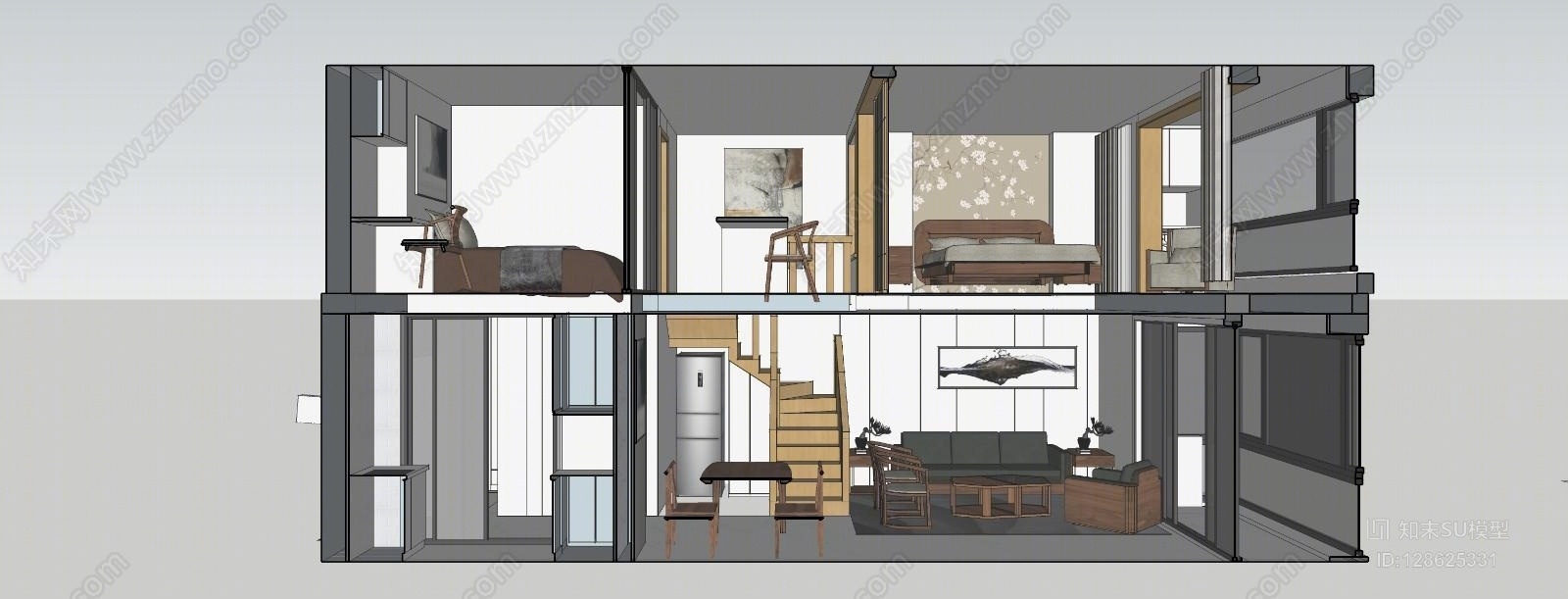 新中式复式楼单身公寓冰箱SU模型下载【ID:128625331】