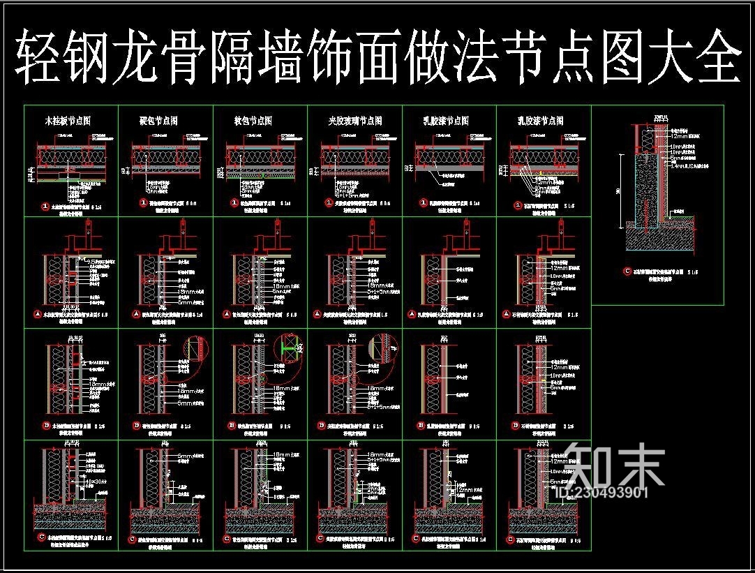 轻钢龙骨隔墙饰面做法节点图施工图下载【ID:230493901】