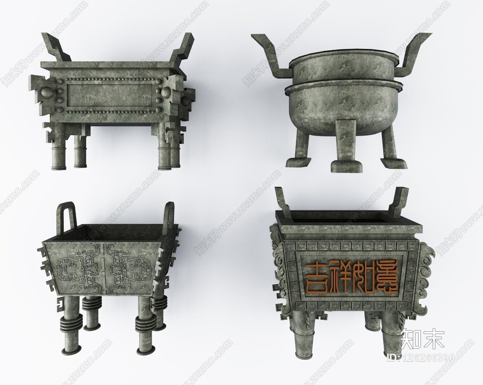 中式青铜鼎组合3D模型下载【ID:126266390】
