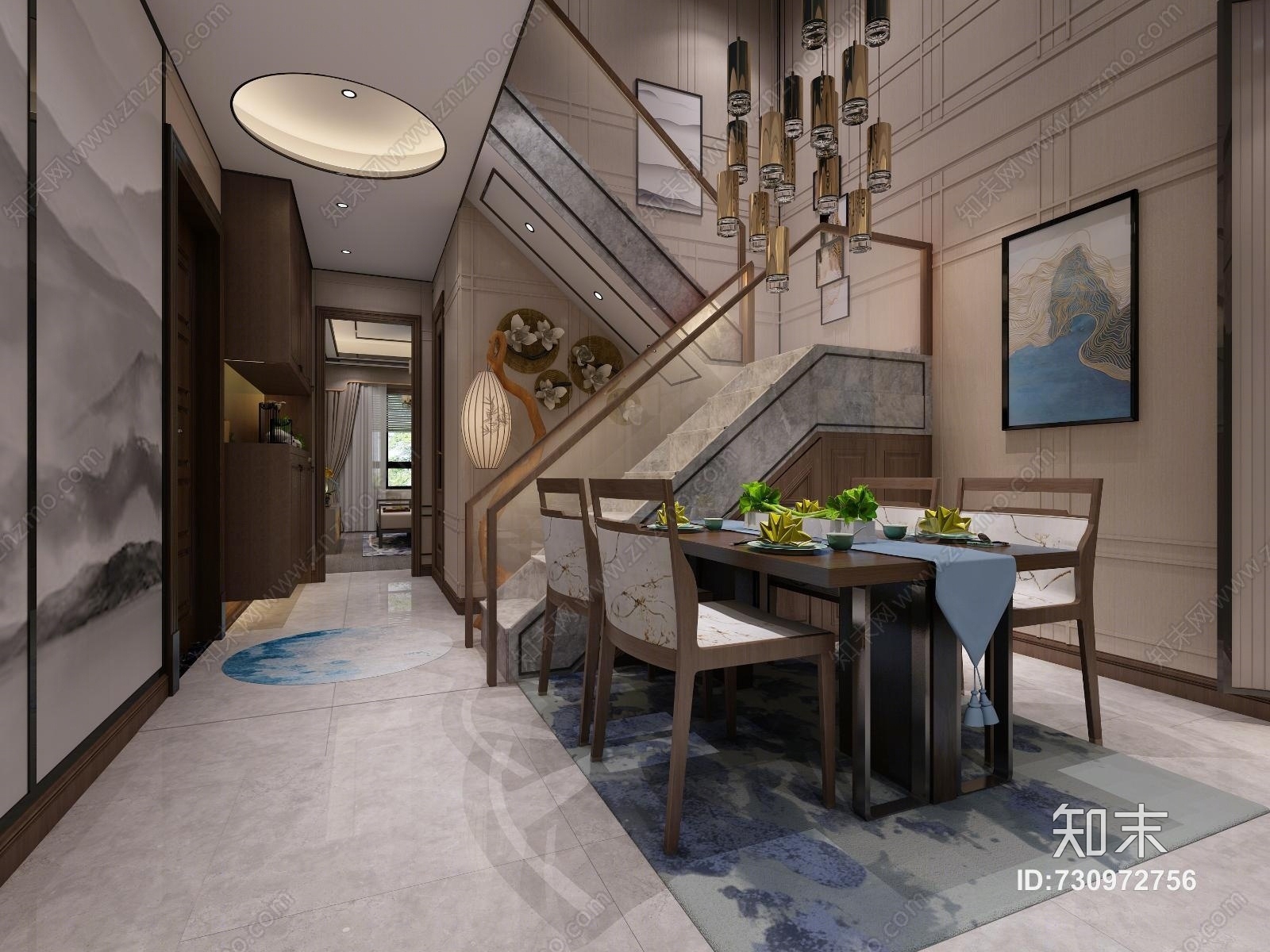 新中式客餐厅卧室3D模型下载【ID:730972756】