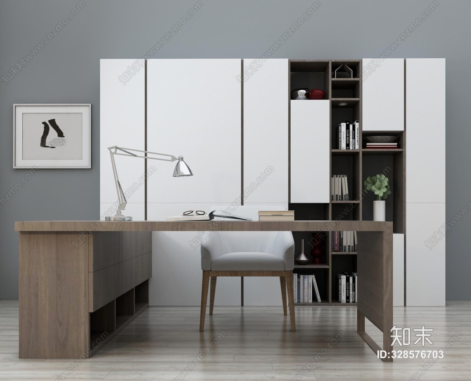 现代书桌书柜书桌椅组合3D模型下载【ID:328576703】