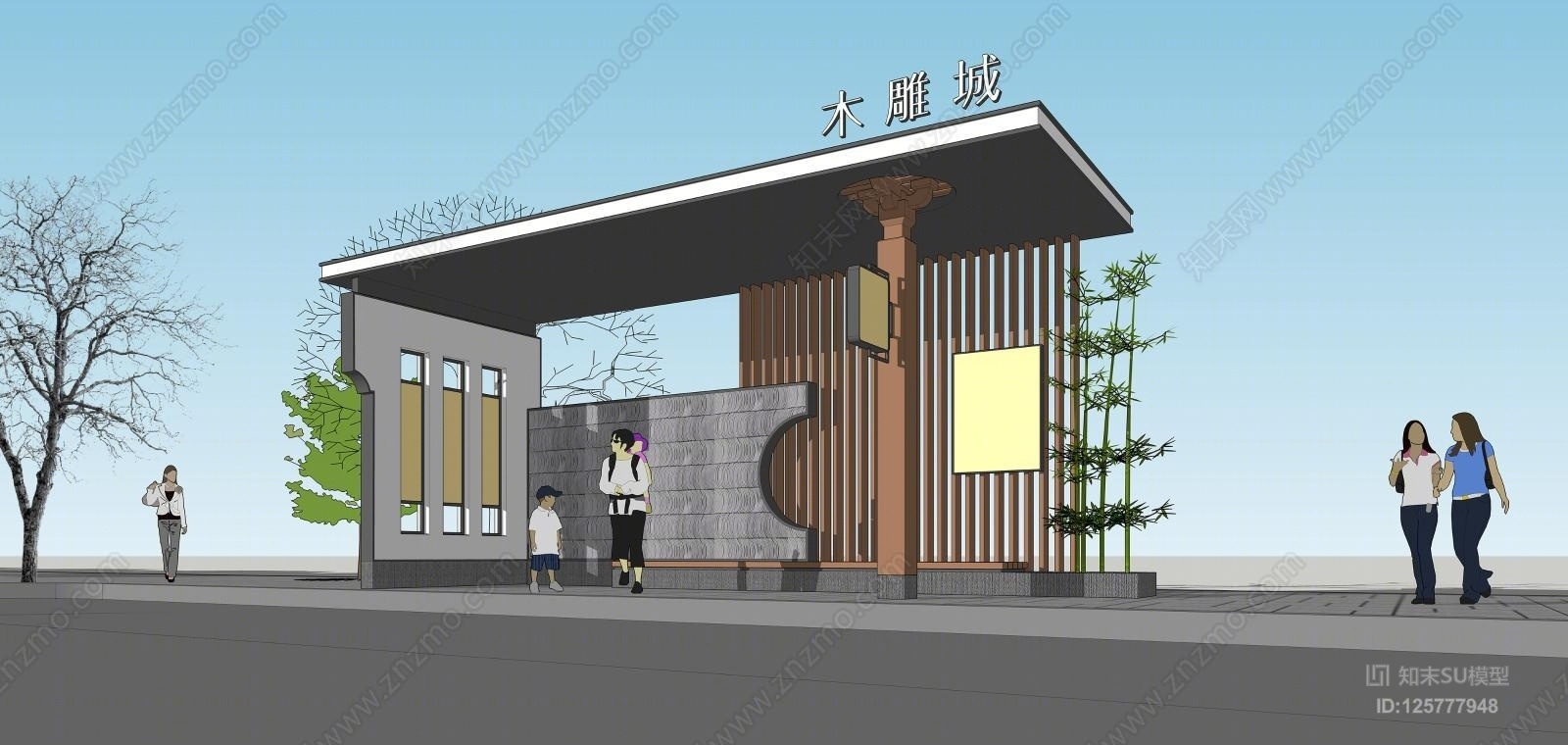 新中式公交站台方案SU模型下载【ID:125777948】