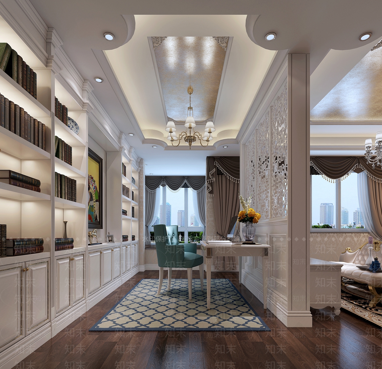 简欧书房书桌书柜吊灯地毯3D模型下载【ID:532743761】
