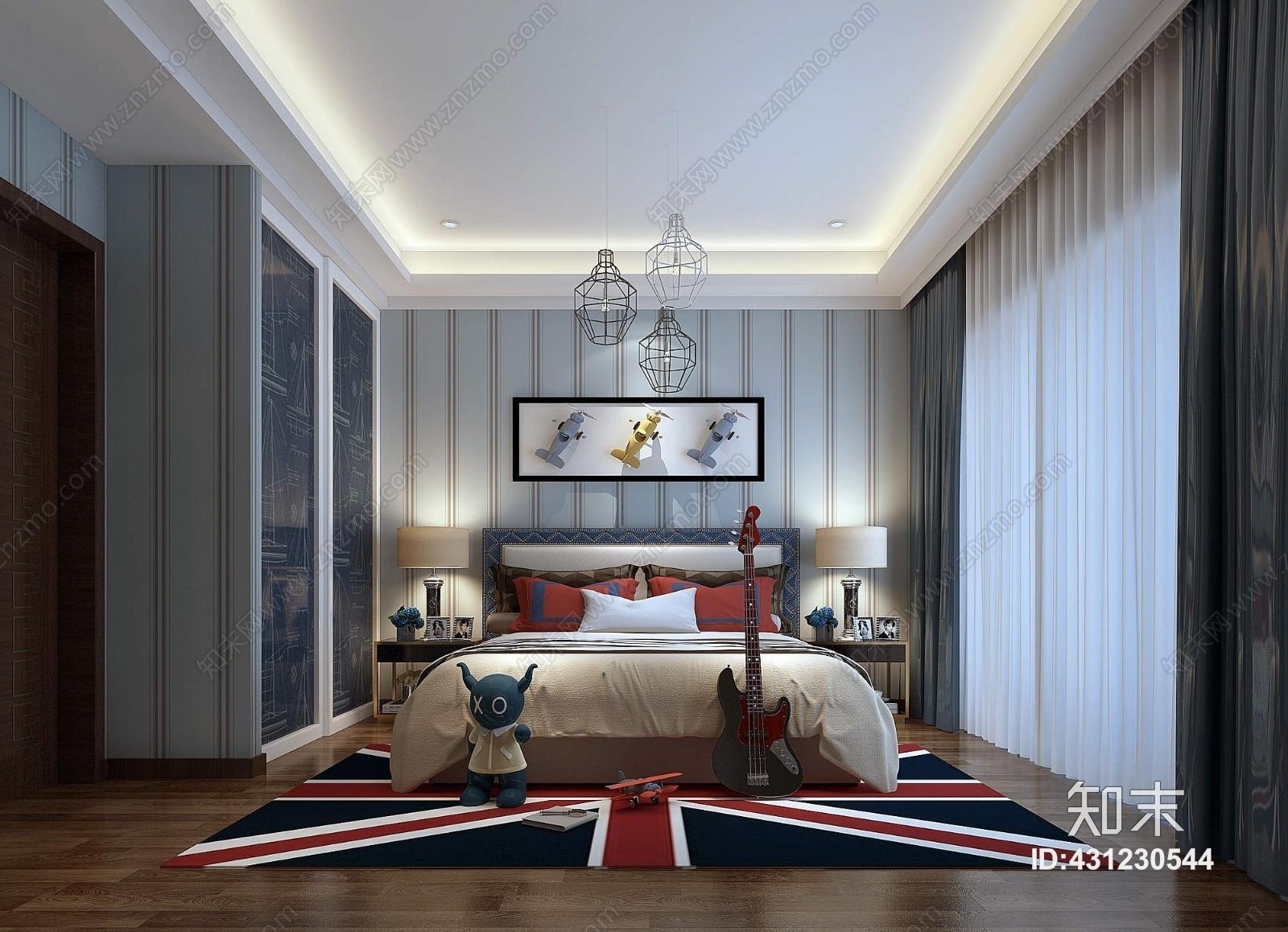 简欧男孩房床装饰画吊灯地毯台灯床头柜3D模型下载【ID:431230544】