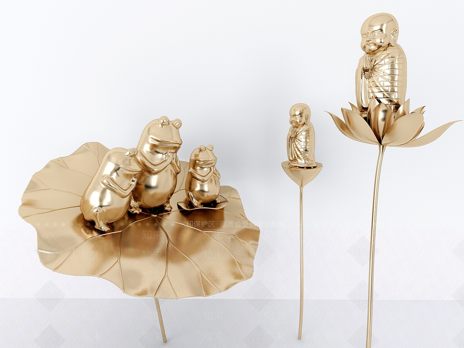 现代青蛙和尚荷花雕塑组合3D模型下载【ID:635230593】