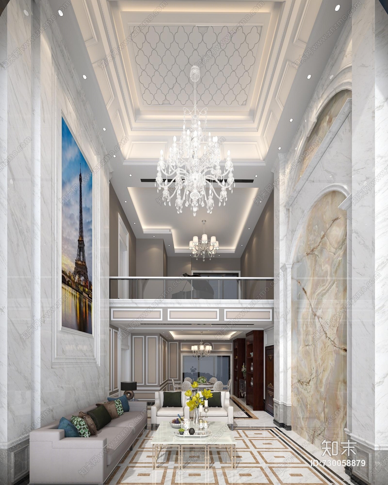 简欧欧式现代复式别墅客厅餐厅3D模型下载【ID:730058879】