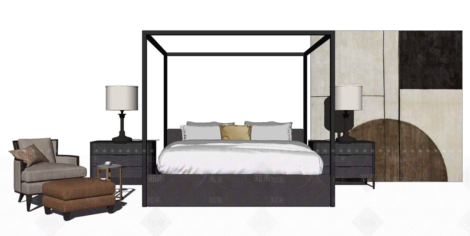 新中式双人床衣柜组合SU模型下载【ID:733487887】