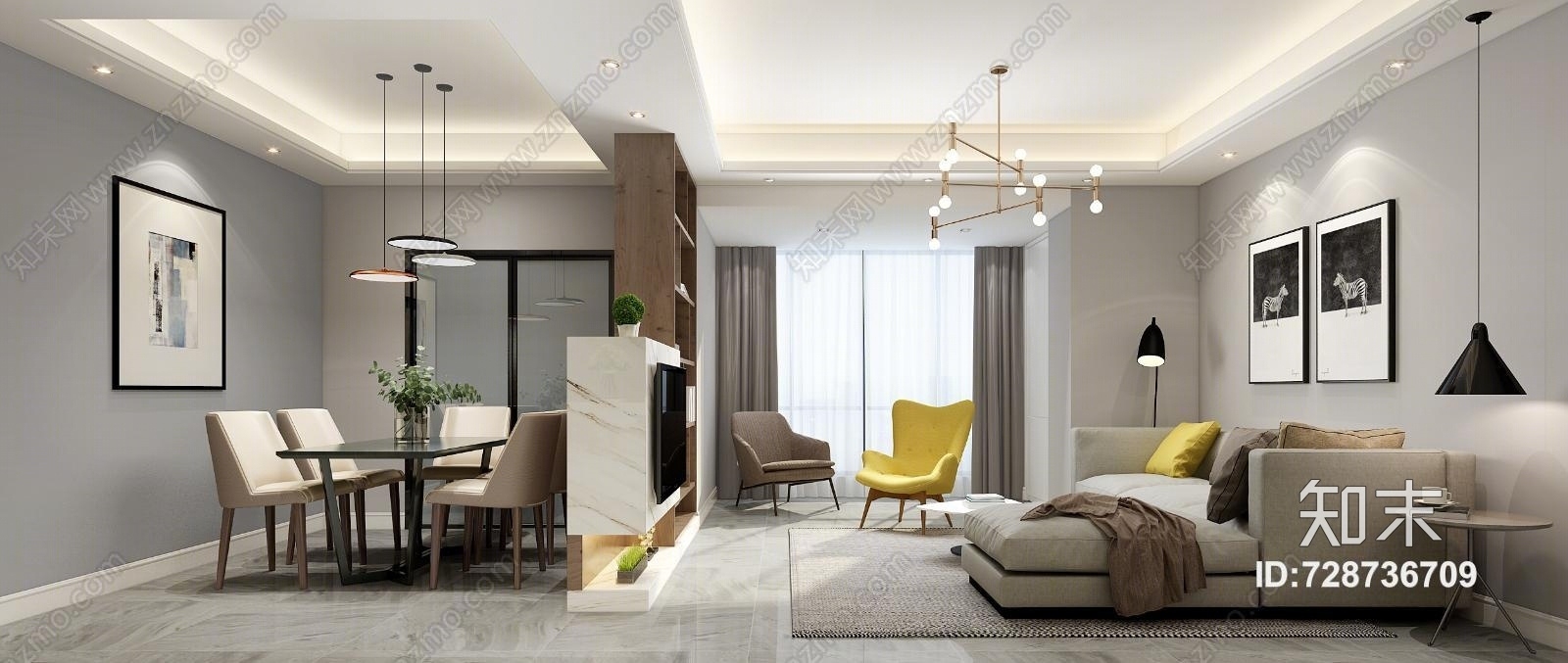 现代客厅餐厅全景模型3D模型下载【ID:728736709】