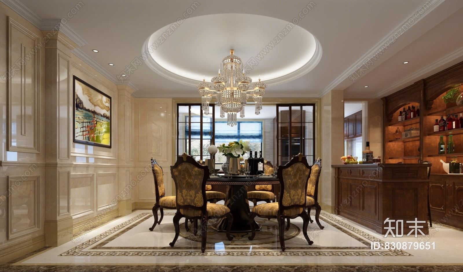 欧式古典餐厅酒吧台组合3D模型下载【ID:830879651】