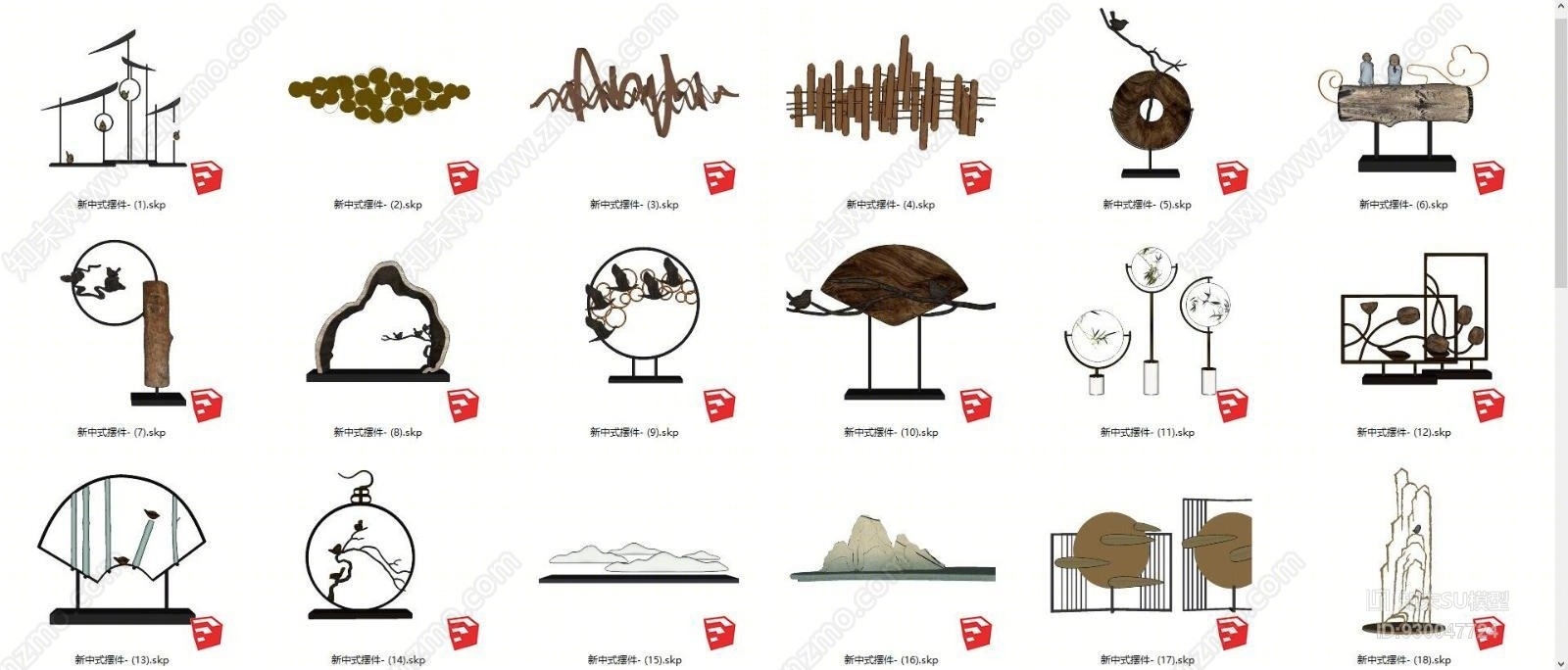 精品新中式日式禅意室内软装设计F方案摆件装饰品素材库40个纸牌SU模型下载【ID:930047724】